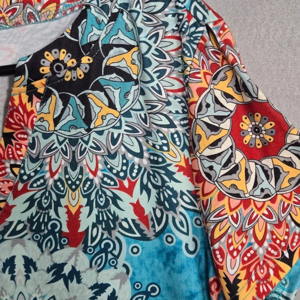 Boho Blue Mandala Print V-Neck Short Sleeve Pocket T-Shirt Dress Medium Resort